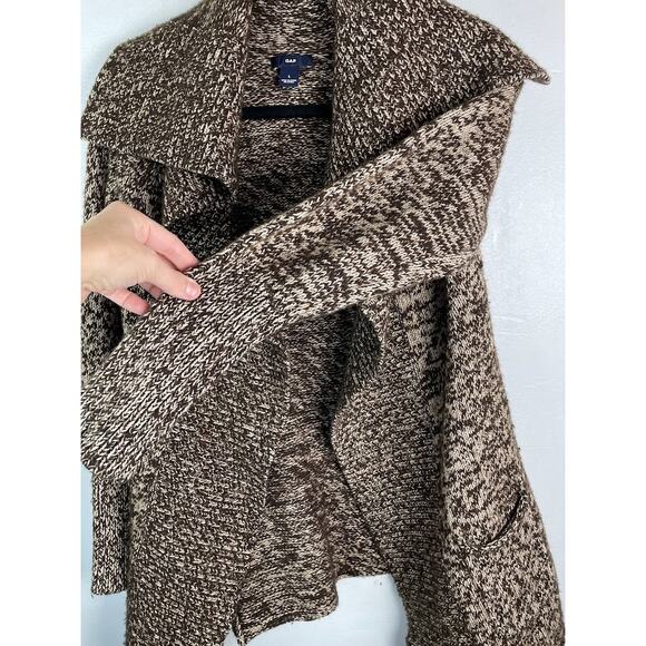 Gap Lambs Wool Sweater Womens S/M  Brown Beige Chunky Cardigan Drape Collar Top - Picture 5 of 16